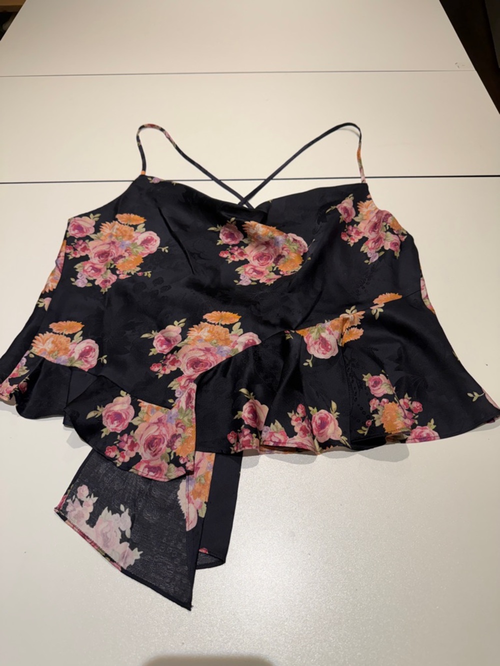 NWT LoveShackFancy Floral Satin Top with Tie Back & Ruffle Hem XL